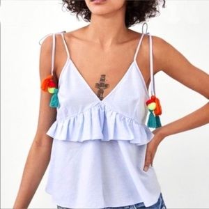 Zara Blue Peplum Top with Pompom Shoulder Straps - Size Large